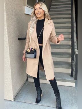 Fashion Nova Camel Upper East Side Open Front Trench Coat Tan Women Plus 3X
